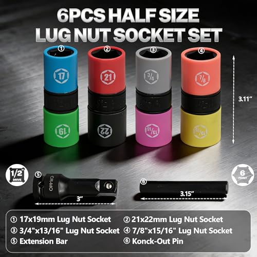 6Pcs Drive Lug Nut Socket Set, 17 19 21 22 mm & 3/4" 13/16" 7/8" 15/16" | 1/2" Thin Wall Impact Flip Sockets for Wheel lug Nuts with Non-Marring Sleeves,Knockout Bar & Extension CR-MO - color: 6pcs
