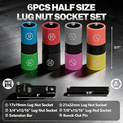 6Pcs Drive Lug Nut Socket Set, 17 19 21 22 mm & 3/4" 13/16" 7/8" 15/16" | 1/2" Thin Wall Impact Flip Sockets for Wheel lug Nuts with Non-Marring Sleeves,Knockout Bar & Extension CR-MO - color: 6pcs