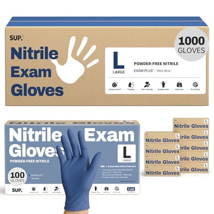 SUP Powder-Free Nitrile Exam Gloves, Food Safe Latex-Free Medical Non-Sterile Cooking Disposable Glove, Blue 100/1000 Count - color: Large (Med Blue 1000)