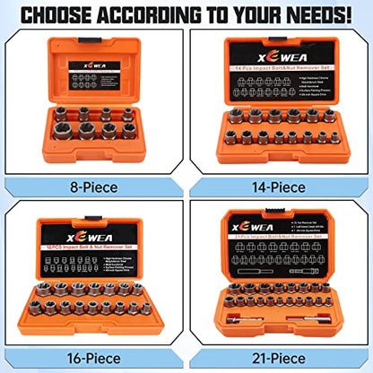 XEWEA 21PCS Bolt Nut Extractor Set, 3/8" Drive Easy Out Socket Remover | Lug Nut Extraction Easy Out Tools For Damaged, Frozen, Studs, Rusted, Rounded-Off Bolts & Nuts Screws, Cr-Mo Steel - size: 21PCS