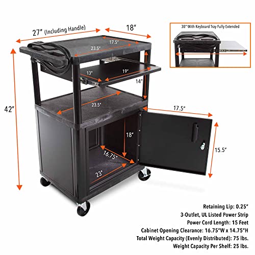Line Leader Plastic AV Cart with Keyboard Tray and Locking Metal Cabinet, Heavy Duty Mobile Workstation with 4 Rolling Casters, 2 Locking Brakes, Heavy Duty, Holds up to 75 lbs (42 Inch w Cabinet) - color: Large 2 Shelves W/ Cabinet & Keyboard Tray
