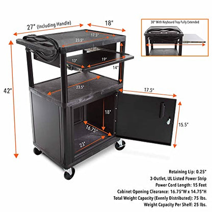 Line Leader Plastic AV Cart with Keyboard Tray and Locking Metal Cabinet, Heavy Duty Mobile Workstation with 4 Rolling Casters, 2 Locking Brakes, Heavy Duty, Holds up to 75 lbs (42 Inch w Cabinet) - color: Large 2 Shelves W/ Cabinet & Keyboard Tray