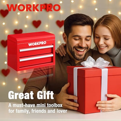 WORKPRO Metal Mini Tool Box with 2 Drawers and Top Storage | Cold Rolled Steel Toolbox, Ball Bearing Slides, PVC Drawer Liners, PP Feet Pads, Durable Storage - color: Red