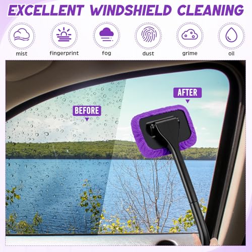 FoldTier 8 Pcs Car Windshield Cleaner Tool Kit with Removable Handle, Microfiber Towel Pads, Brush, Empty Spray Bottle for Auto Glass Wiper Suvs Rvs & Home Windows(Purple) - color: Purple