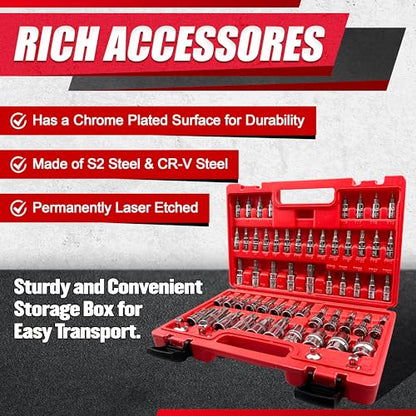 EACELIY 64PCS 1/4,3/8&1/2” Master Torx Bit Socket Set and External Torx Socket Set,E4-E24,T6-T70,TT6-TT70,TP8-TP60,Adapters,S2 and Cr-V Steel - size: 64PCS