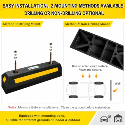 Car Stoppers for Garage, 2 Pack Heavy Duty Rubber Parking Stopper with Expansion Bolts, Reflective Garage Wheel Stop Parking Aid for Cars, SUVs, Trucks