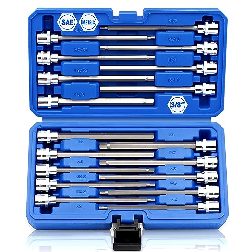 Rizom 3/8" Drive Long Allen Socket Set, 18-Piece Hex Bit Socket Set | S2 Steel Allen Head Socket, 6" Extra-Long SAE & Metric Hex Bit Set (1/8-3/8 in., 3-10 mm) for Professional Auto Repair - style: Allen Hex Bit