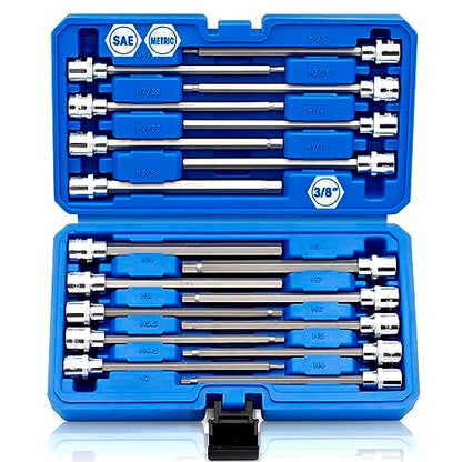 Rizom 3/8" Drive Long Allen Socket Set, 18-Piece Hex Bit Socket Set | S2 Steel Allen Head Socket, 6" Extra-Long SAE & Metric Hex Bit Set (1/8-3/8 in., 3-10 mm) for Professional Auto Repair - style: Allen Hex Bit