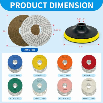 Diamond Polishing Pads Set 6 Inch Tile Wet Dry Polishing Pads Kit | Including 5/8-11 Backer Pad for Drill Grinder Polisher,30-6000 Grit Granite Stone Concrete Marble Polish 12 pcs - size: 6-inch
