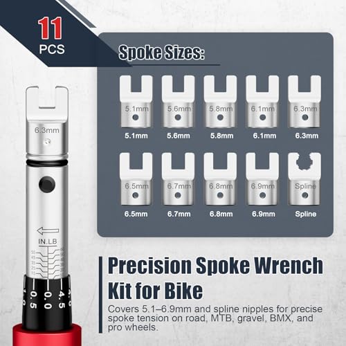 VANPO Spoke Torque Wrench, 10–60 in-lb, for Motorcycle Wheel Maintenance | 1/4" Drive Small Torque Wrench Kit with 9 Spoke Wrench Heads (5.1-6.9mm) & Spline, Spoke Wrench for Mountain, Road Bike - size: Spoke(10-60 in.lb)