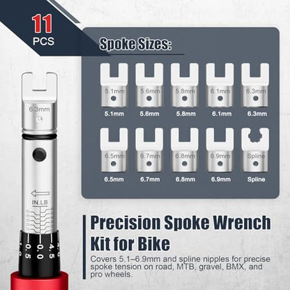 VANPO Spoke Torque Wrench, 10–60 in-lb, for Motorcycle Wheel Maintenance | 1/4" Drive Small Torque Wrench Kit with 9 Spoke Wrench Heads (5.1-6.9mm) & Spline, Spoke Wrench for Mountain, Road Bike - size: Spoke(10-60 in.lb)
