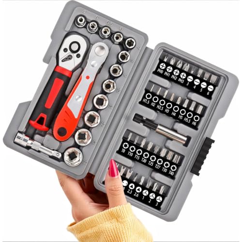 48Pcs 1/4" Mini Ratchet Socket Wrench and Screwdriver Set & Bits | 72-Tooth Ratchet Wrench , Right Angle Ratchet Screwdriver & extension for Auto, motorcycle, Bike Repair & Tight Space DIY