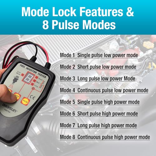 allsun Fuel Injector Tester & Cleaner 4 Pulse Mode Diagnostic Tool with Mode-Lock, Universal 12V Autom Injector Tester Kit, LED Indicator Quick Test Stuck/Leaking/Burnt Injectors for Gasoline Only