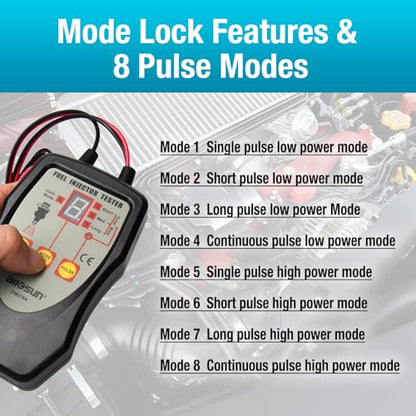 allsun Fuel Injector Tester & Cleaner 4 Pulse Mode Diagnostic Tool with Mode-Lock, Universal 12V Autom Injector Tester Kit, LED Indicator Quick Test Stuck/Leaking/Burnt Injectors for Gasoline Only