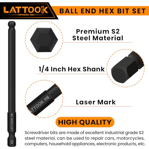 Ball End Hex Head Allen Wrench Drill Bit Set with Ratcheting T Handle Bit Driver, LATTOOK 22PCS Metric & SAE Ball End Hex Allen Key Bit Set, S2 Steel, 4'' Long - style: 22PCS Ball Hex Bits+T Handle