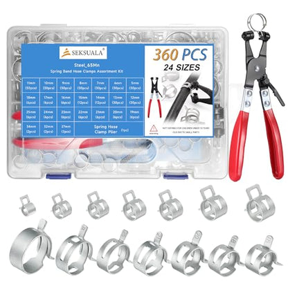 360Pcs 1/5" to 1-3/8" (5-34mm) Spring Band Hose Clamps Assortment Kit with Swivel Flat Hose Clamp Plier, SEKSUALA Constant Tension Steel Clamps for Fuel Lines, Silicone,Vacuum Hoses (Grey) - size: Grey-360Pcs-24Sizes(5-34mm)