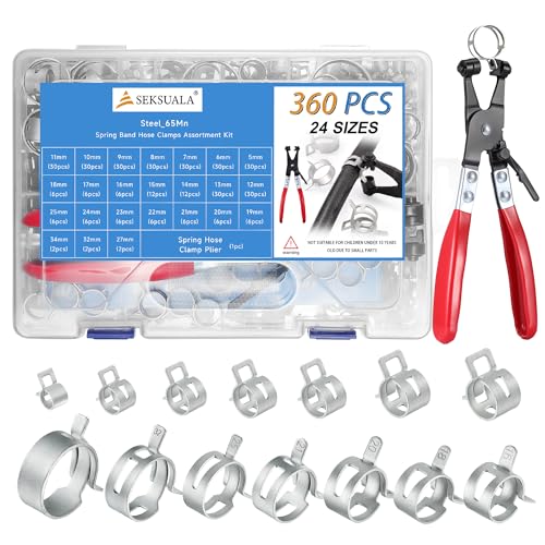 360Pcs 1/5" to 1-3/8" (5-34mm) Spring Band Hose Clamps Assortment Kit with Swivel Flat Hose Clamp Plier, SEKSUALA Constant Tension Steel Clamps for Fuel Lines, Silicone,Vacuum Hoses (Grey) - size: Grey-360Pcs-24Sizes(5-34mm)