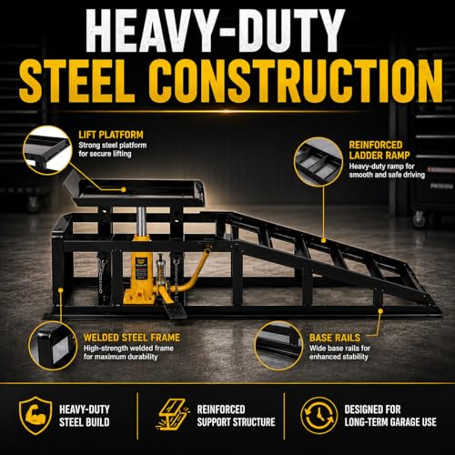 Car Ramps 2 Pack, Heavy Duty Steel Hydraulic High Lift Service Vehicle Ramps with Pedal, 5 Ton Low Profile Hydraulic Car Ramps with Support Jack for DIY Auto Beauty,Black - color: Black