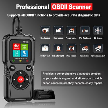 2-in-1 OBD2 Scanner Diagnostic Tool & Battery Tester for 12V Cars | Read & Clear Check Engine Code, Live Data Stream, Battery Voltage Test, Voltage Curve Monitor, Battery Health Check
