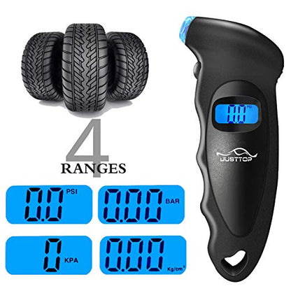 JUSTTOP Digital Tire Pressure Gauge, 150PSI 4 Setting for Cars, Trucks and Bicycles, Backlit LCD and Anti-Skid Grip for Easy and Accurate Reading(Black)