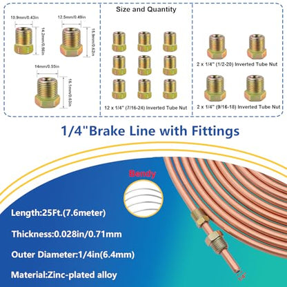 smseace 26Pack 1/4 Inch Brake line kit Includes 25FT Copper-Plated Brake Lines with Fittings(16pcs Fittings,2pcs Union+4pcs Nut)，Brake line Bender，Single Flaring Tool，Pipe Cutter 1/4 Inch Brake Lines - color: Gold-A, size: 1/4inch