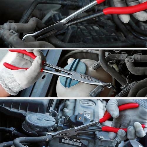 9-Piece 11" Long Reach Needle Nose Pliers Set | 9-Piece 11" long reach needle nose pliers set (straight/bent/hose grippers). 58HRC carbon steel with canvas storage pouch.