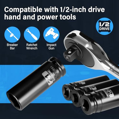 4 PCS Metric Impact Socket Set 1/2" Square Drive,Deep 17mm,19mm,21mm,22mm Allen Sockets,CR-MO Alloy Steel,6 Point Radius Corner Design,Rugged Construction,With Storage Red Case - size: 1/2" Metric 4pc