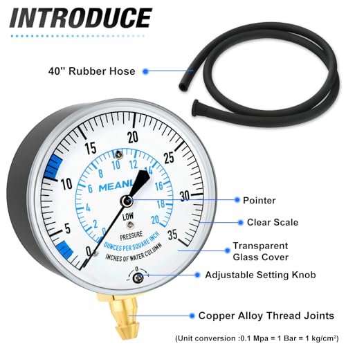 MEANLIN MEASURE 0-35” WC Manifold Gas Pressure Test Kit, Pressure Gauge Kit for Natural Gas or LP Gas with 40" Feet Hose, 1/8” NPT Fitting with Barbed Connection and Hex Bushing - style: 0-35” WC