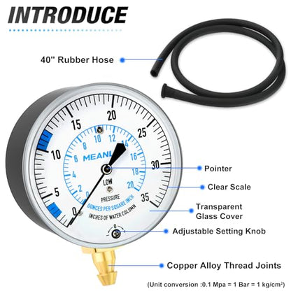 MEANLIN MEASURE 0-35” WC Manifold Gas Pressure Test Kit, Pressure Gauge Kit for Natural Gas or LP Gas with 40" Feet Hose, 1/8” NPT Fitting with Barbed Connection and Hex Bushing - style: 0-35” WC