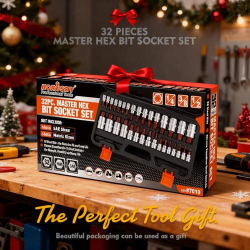 High Torque Master Hex Bit Socket Set, 32-Piece SAE & Metric Allen Socket Set, Premium S2 Alloy Steel, Durable Storage Case, 1/4", 3/8", 1/2" Drive, for Automotive & Mechanical Work - style: 32PC SAE/Metric Hex Bits