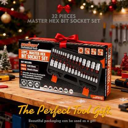 High Torque Master Hex Bit Socket Set, 32-Piece SAE & Metric Allen Socket Set, Premium S2 Alloy Steel, Durable Storage Case, 1/4", 3/8", 1/2" Drive, for Automotive & Mechanical Work - style: 32PC SAE/Metric Hex Bits