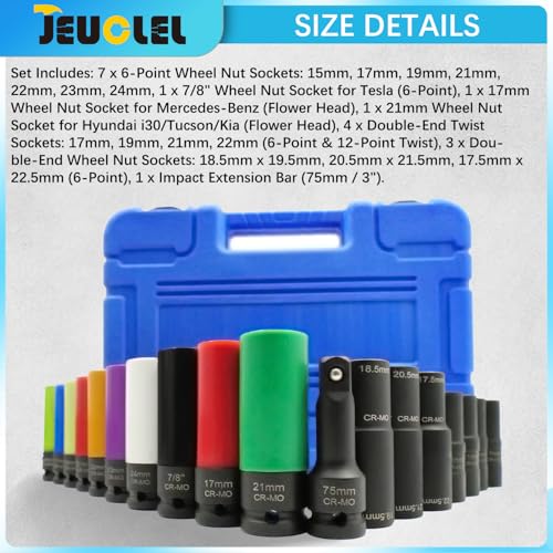 18PCS 1/2" Drive Lug Nut Socket Set, Thin Wall Lug Nut Sockets with Colored Protective Covers, 6 Point & 12 Point Twist Double Ended Twist Socket Set, Flower Head, Impact Extension Bar
