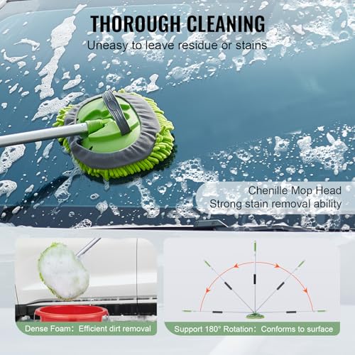 VEVOR Car Wash Brush, 62-Inch Extendable Car Washing Brush with Long Handle, Soft Chenille Fiber Car Wash Mop Mitt, 180° Rotatable Car Cleaning Brush with 1 Replacement Mop for Car, RV, Window, Floor - style: Soft Chenille Fiber head