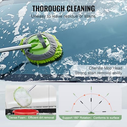 VEVOR Car Wash Brush, 62-Inch Extendable Car Washing Brush with Long Handle, Soft Chenille Fiber Car Wash Mop Mitt, 180° Rotatable Car Cleaning Brush with 1 Replacement Mop for Car, RV, Window, Floor - style: Soft Chenille Fiber head