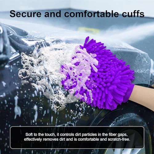 Ziciner Premium Microfiber Wash Mitt, Soft Scratch-Free Double-Sided Chenille Washing Gloves Perfect for Car Washing and Detailing (Purple, Large) - color: Purple