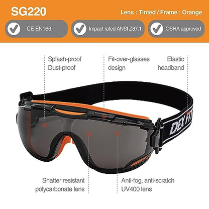 DEX FIT Safety Goggles SG220, Wide-Vision Lab & Chemical Splash Eye Protection, Anti-Fog & Scratch Resistant, Soft Seal, Z87.1 Approved; Black/Orange, Smoke Tinted Lens, 30mm Strap, 1 PC - color: Black/Orange - Smoke - 30mm