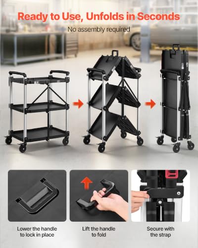 VEVOR 3 Shelf Heavy Duty Folding Jobsite Cart, 3 Tier Rolling Cart with Side Tool Holder & 360° Swivel Wheels (2 Brakes), 300 LBS Folding Utility Cart, Tool Storage for Garage Warehouse Workshop - size: 31.1 x 19.69 x 41.34 in