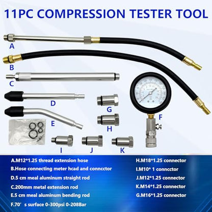ZKTOOL 11PC(All Vehicles) 300 Psi Engine Cylinder Compression Tester with M10 M12 M14 M16 M18, Automotive Engine Compression Tester Adapter Kit. - size: Standard 300 PSI | 11-Piece Kit