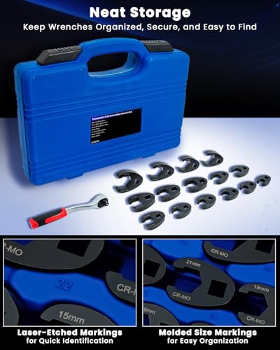 SIXIWANZI 19 Piece Metric Crowfoot Wrench Set, Crowfoot Flare Nut Wrenches 8-32 mm, 3/8" & 1/2" Drive Crows Foot Wrenches Set