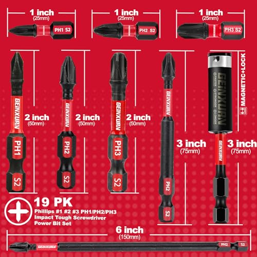 GEINXURN Impact Tough Phillips Bits PH1/PH2/PH3 Insert Driver Bits,19Pack Bulk Phillips Screwdriver Bits Set with 1Pcs Impact Bit Holder - size: MIXED-PH-19PCS