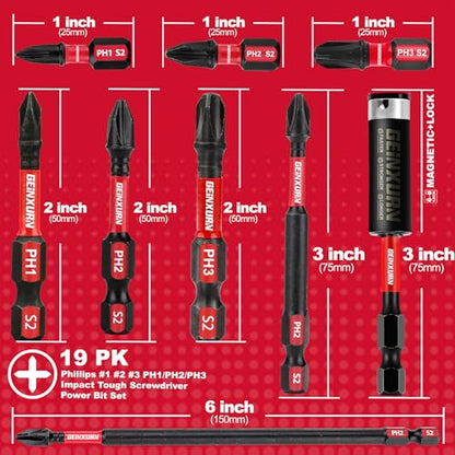 GEINXURN Impact Tough Phillips Bits PH1/PH2/PH3 Insert Driver Bits,19Pack Bulk Phillips Screwdriver Bits Set with 1Pcs Impact Bit Holder - size: MIXED-PH-19PCS