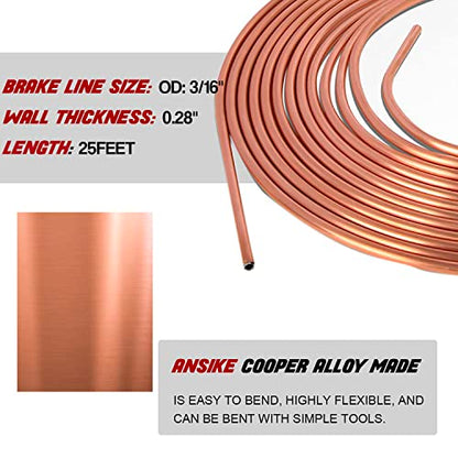 3/16 Copper Coated Flexible Tube Roll - 25 ft + Brake Line Flaring Tool Kit - Single & Double Flare Tool Kit + Tube Bender with 16 Fittings & 4 Unions