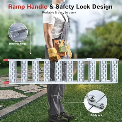 Aluminum Tri-Folding Truck Ramps 1600Lbs Max, Loading Ramps for Pickup Trucks Bed, Trailers Ramp with Load Straps for ATV/UTV, Sweeper Machine, Golf Carts, Touring Motorcycles, Small Tractor