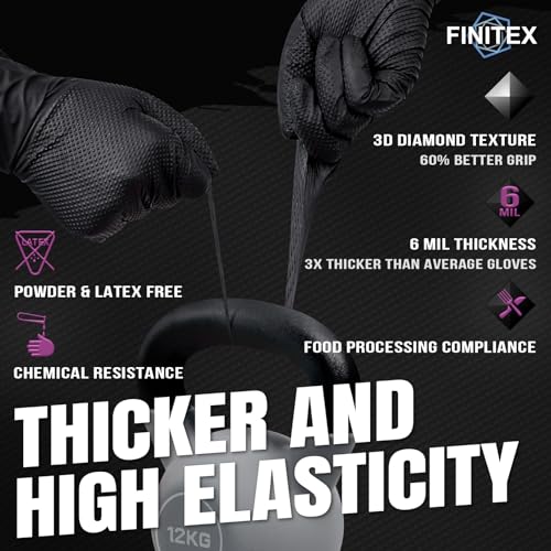 FINITEX Industrial Diamond Texture Nitrile Black Glove - 100/1000PCS Chemical Resistant 6.3mil Mechanic Disposable Gloves - color: Black (Small 1000)