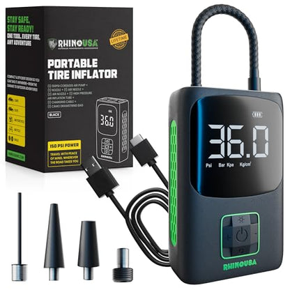 Rhino USA Tire Inflator Portable Air Compressor (150 PSI) Upgraded Air Pump for Car Tires with Digital Pressure Gauge - Best Mini Air Pump for Bike Tires with Dual LCD Screen (Black & Green)