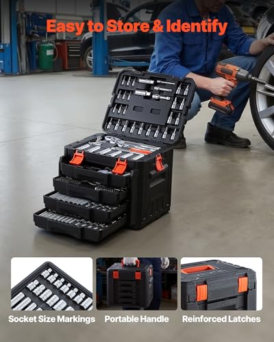 VEVOR 297 PCS Mechanic Tool Set with 4-Drawer Tool Box 1/4" 3/8" 1/2" Drive | SAE & Metric Socket Set, Car and Motorcycle Tool Kit with Combination Wrenches, Bits, Ratchets, Spark Plug Sockets - size: 1/4"&3/8"&1/2", style: 297 PCS
