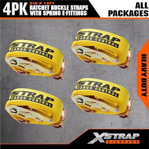 XSTRAP STANDARD 4-PK 2" x 12' E-Track Heavy Duty Ratchet Tie Down Straps | 4,400lbs Break Strength Cargo Securement Straps for Trailers, Trucks, Vans & Motorcycles with Spring Fittings (Yellow) - size: Yellow-4PK-12FT