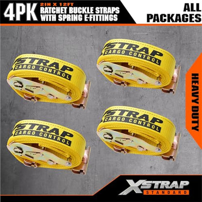 XSTRAP STANDARD 4-PK 2" x 12' E-Track Heavy Duty Ratchet Tie Down Straps | 4,400lbs Break Strength Cargo Securement Straps for Trailers, Trucks, Vans & Motorcycles with Spring Fittings (Yellow) - size: Yellow-4PK-12FT