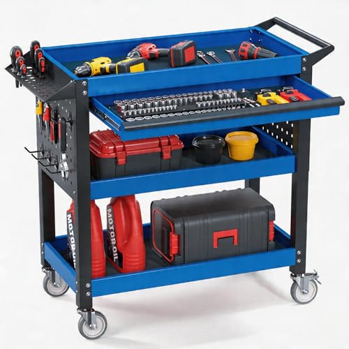 3-Tier Heavy Duty Metal Rolling Tool Cart with Drawers, Blue Black | 660 Lbs Capacity, Pegboards, Locking Casters, Industrial Utility, For Mechanics, Garage, Workshop & Warehouse Storage - color: Blue Black With Drawers