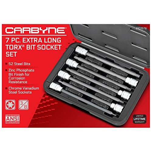 CARBYNE 7-Piece Torx Extra Long Bit Socket Set, T10 to T40, 3/8 in. Drive, S2 Steel Bits, CrV Sockets, Zinc Phosphate, 6.1 in. Length, Durable Case, Genuine Licensed Torx - style: Torx